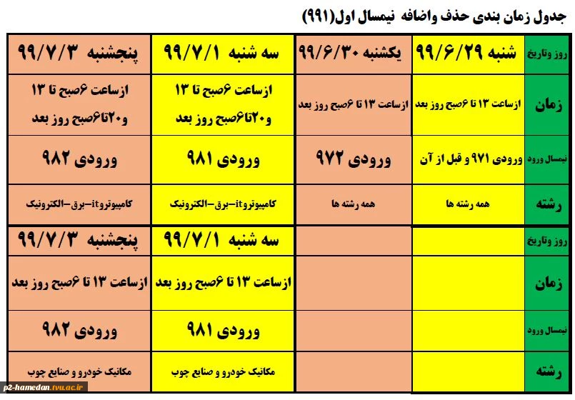 جدول زمانبندی حذف و اضافه 991